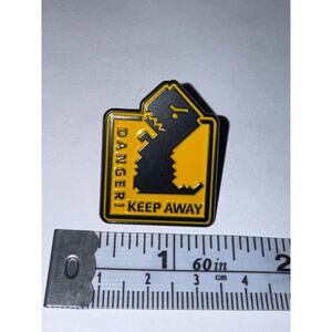 Yellow DANGER! KEEP AWAY Dinosaur Sign Pin Brooch